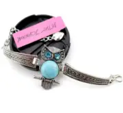 Betsey Johnson Crystal Blue Turquoise Owl Silver Charm Bracelet Free Gift Bag