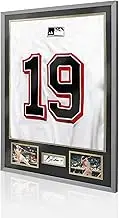 Jersey Frame Display Case fot Football, Wooden Sport Jersey Shadow Box with HD Plexiglas, Jersey Display with 2 Photos and 1 Signature for Hockey Baseball Basketball Soccer Shirt and Uniform, Gray