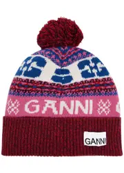 Ganni Pompom Logo-intarsia Wool-blend Beanie - Multicoloured ONE SIZE