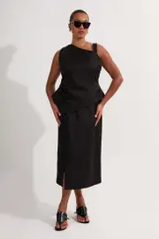 Plus Size Premium Viscose Linen Asymmetric Neck Tailored Pencil Maxi Dress