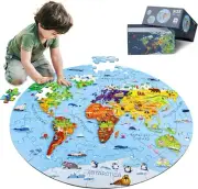 World Map Jigsaw Puzzle for Kids 4-8, 70 Piece Globe Large Round Floor...