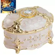 WHITE TIN ALLOY OVAL MUSIC BOX : BEAUTY AND THE BEAST