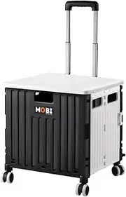 MOBI OUTDOOR Foldable Shopping Cart Utility Cart 70L w/Telescopic Handle, Crate on Wheels 360˚ Rotating (Lockable Front), Durable Material, Quick Setup, Capacity 70KG, for Camping Shopping, White &