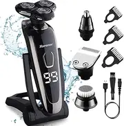 Electric Razor for Men Shaver Rechargeable 100% Waterproof Rotary for Shaving with Nose Trimmer Sideburns Trimmer Face Cleaning Brush