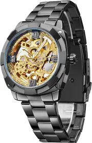FORSINING Retro Men's Waterproof Automatic Mechanical Wirstwatches, Black Golden Skeleton Watch, Unique Men, black