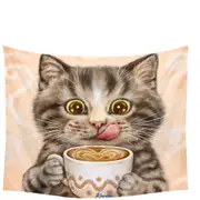 Funny Kittens Drinking Hot Chocolate Tabby Cat Tapestry