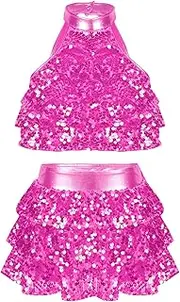 [Miutii] Kids Girls Shiny Sequins Tiered Crop Top & Skirt Set Sleeveless Backless Stylish Outfit