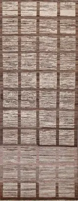 Checkered Gabbeh Brown Wool 10 ft Runner Rug Hand-made Oriental Carpet 3x10