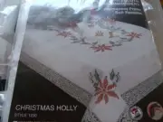 Tobin Stamped Cross Stitch Embroidery Tablecloth CHRISTMAS HOLLY 68" x 90" OVAL
