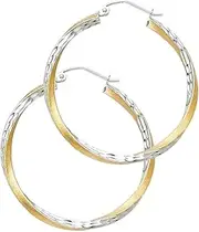 [JewelryWeb] 14k Yellow Gold and White Gold Sf Sparkle Cut 2.6mm Swirl Hoop 30mm Earrings-Hoop Earring for Women