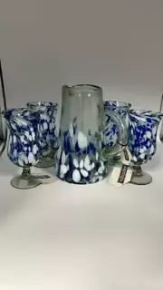 Beautiful Hand Blown In Mexico. Pitcher w/ (4) goblets. No Chips, No Cracks.