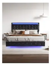 [Levede] Floating Bed Frame Double with Headboard LED Lights Mattress in Black