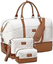 [Stuery] Weekender Bag, Large Travel Duffel Bag for Women, Carry on Overnight Bag with Shoe Compartment and Toiletry Bags, White, 3 PCS, Classic