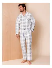 [Reserve] Long Sleeve Flannelette PJ Set Winter Check in Blue/Stone