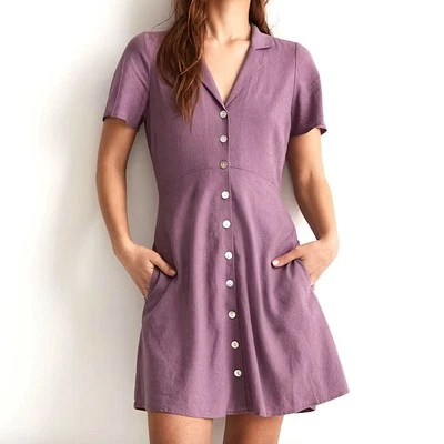 Madewell Purple Linen Short Sleeve A Line Button Front Dress Size 0 Collar Retro