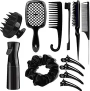 12 Piece Hair Comb and Hairbrushes Set for Men Women, Silicone Scalp Massager Shampoo Brush For Shower, Hairdresser Spray Bottle, Hair Styling Tools, Travel Essentials (Black)