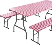 Picnic Table Cover w/Bench Covers Set Fitted Rectangle Tablecloth Checkered Red