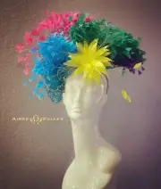 Kentucky Derby Fascinator Rainbow Feathered Hat Hot Pink Teal Turquoise Green