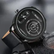 Men's GMT Dual Time Zone Leather Watch with Luminous Large Dial