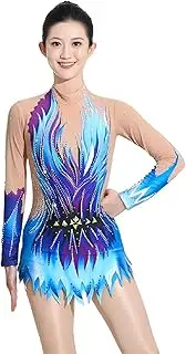 [Zagitova] Girls Women Rhythmic Gymnastics Leotard Long Sleeve Round Neck Crystal Rhinestones Competition Costumes