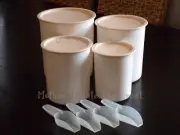 NOS Vtg Tupperware One Touch Canister Set w/Scoops Ivory Pink 2416, 2418, 2420