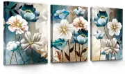 3 Piece Lotus Flower Canvas Wall Art for Living Room, Blue Floral Picture Wall D