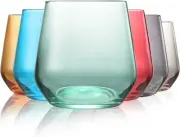 Colored Stemless Wine Glasses Set of 6, Hand Blown Stemless, Multicolor