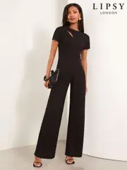 Lipsy Black Petite Splice Detail Short Sleeve Wide Leg Jumpsuit (AA0099) | $79