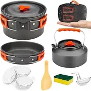 [Techshining] 11pcs Camping Cookware Set for Backpacking - Lightweight, Foldable, Pot, Frying Pan, and Kettle for 4-6 People