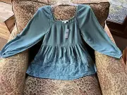American Eagle NWT olive sage crinkle peasant green top sz XS $45