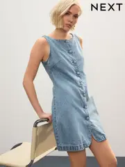 Mid Blue Button Through Boat Neck Denim Mini Dress (AW9041) | $71