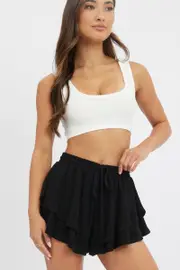 Black Skort Skirt Ruffle Elasticated Waist - Size 16XL, Women's Skort