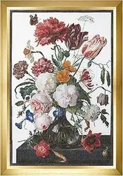 Thea Gouverneur - Counted Cross Stitch Kit - Still Life with Flowers in a Glass Vase - Aida - 18 Count - for Adults - DMC Embroidery Threads and Other Cross Stitch Supplies Included - 785A