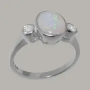 Solid 18k White Gold Natural Opal & Diamond Womens Trilogy Ring - Sizes 4 to 12