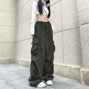 Drawstring Waist Plain Wide Leg Cargo Pants Army Green - M