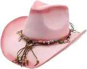 YFVFAGDMKV Unisex Straw Woven Cowboy Hat for Summer Vintage Ethnic Style 56-58cm Papyrus Sunshade Decorative Straps(2)