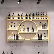 Wall Mounted Wine Rack with LED,3-Tier Metal Wine Bottle Shelf with Goblet Holder, Modern Bar Shelves Bar Liquor Bottle Display Shelf Multifunctional Bottle Rack for Home Bar No Battery (GLD, 140)