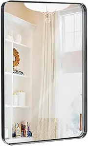 Hamilton Hills Contemporary Polished Metal Wall Mirror | Glass Panel Silver Framed Rounded Corner Deep Set Design | Mirrored Rectangle Hangs Horizontal or Vertical (24" x 36")