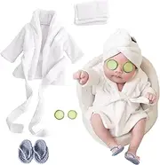SPOKKI Newborn Photography Props Baby Girl 5 PCS Bathrobes Bath Towel Outfit with Slippers Cucumber Photo Props for Infant Boys Girls(0-6 Months) (White)