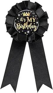 [TIESOME] It's My Birthday Badge Ribbon, Tinplate Badge Pin Happy Birthday Pin Black Corsage Button Badge Brooch Pin Party Decorations for Women Men Girls Boys, 16x7.5cm, Polyester, no gemstone