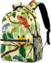 [Generic] Colorful Frogs on Branch Backpack Students Shoulder Bags Travel Bag College School Tote Backpacks for Women Men Kids Teen Girls Boys