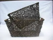 SET OF 2 BROWN WEAVED PLASTIC STORAGE BASKETS HOME DECOR