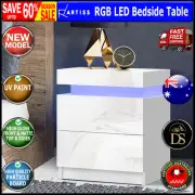 RGB LED Bedside Table 2 Drawers Nightstand Cabinet Gloss Bedroom Furniture White