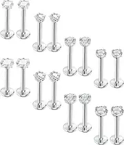 [Kakonia] Tragus Earrings Nose Studs 16PCS 16G Monroe Lip Rings Labret Piercing With 3/4mm CZ Surgical Steel Cartilage Tragus Helix Piercing Stud Jewelry 6mm 8mm 10mm Flat Back Earrings