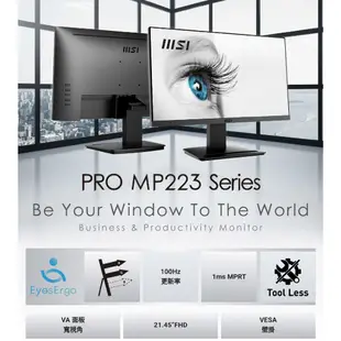 MSI 微星 PRO MP223 22吋 VA面板 商務螢幕 護眼 平面 液晶螢幕 電腦螢幕 商務 顯示器 MSI488