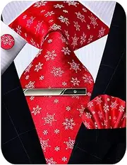[Kerfado] Christmas Tie Pocket Square Cufflinks and Clip Set, Snowflake Deer Tie with Handkerchief for Men