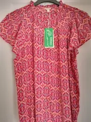 MONSOON GILLY TOP PINK, RED, BLUE GEO FLUTTER SLEEVE. UK 16-18, EUR 44-46. BNWT