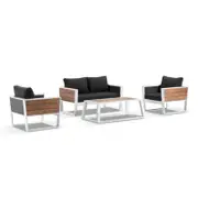 Outdoor Corfu Aluminium & Teak Lounge With Coffee Table In Sunbrella - White with Canvas Coal