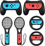 LiNKFOR 3 in 1 Joy-Con Accessories Bundle for Nintendo Switch | Tennis Racket for Mario Tennis Aces Game |Grips Handle for Nintendo Switch Joy-Con | Steering Wheel Accessories Set for Mario Kart