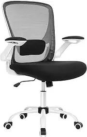 [SONGMICS] OBN37WT Office Chair, Swivel Chair with Mesh Covering, Ergonomic, Padded Lumbar Support, Rocker Function, 53 cm Seat, Folding Armrests, Black and White